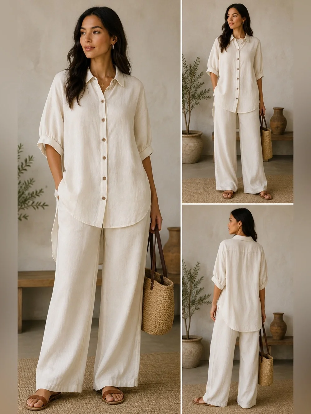 Made in Italy 100% Linen Oversized Tunic Shirt Ivory Button Front Lagenlook OS